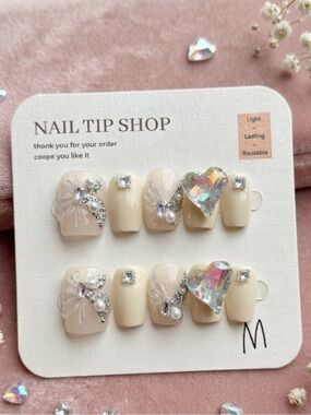 Iridescent Heart Pearl Accent Press-On Nails - Cream